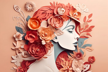Wall Mural - Paper art style , Women's day specials offer sale wording isolate , Happy women's day 8 march with women of different frame of flower , Generate Ai