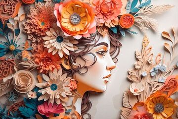 Wall Mural - Paper art style , Women's day specials offer sale wording isolate , Happy women's day 8 march with women of different frame of flower , Generate Ai