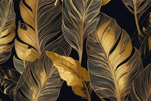 Tropical Leaf Wallpaper, Luxury Nature Leaves Pattern Design, Golden Banana Leaf Line Arts, Hand Drawn Outline Design For Fabric, Print, Cover, Banner And Invitation,, Generative AI