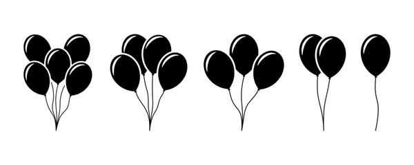 Set of balloons vector icons set. Black silhouette with bunch balloons with rope. Flying balloon.