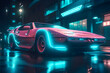 © PaputekWallArt - Sleek retrowave car with neon lights illuminating on the city streets, Generative AI