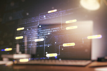 Poster - Multi exposure of abstract graphic coding sketch on modern computer background, big data and networking concept