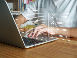 Wall Mural - the concept of doing an online test or questionnaire icon. team satisfaction survey, service, techno