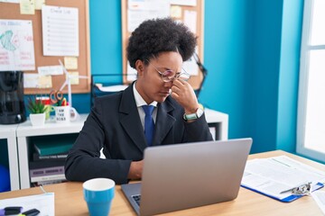 Poster - African american woman business worker stressed using laptop at office