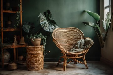 Poster - Vintage chair, monstera, and rattan basket in boho décor. Generative AI