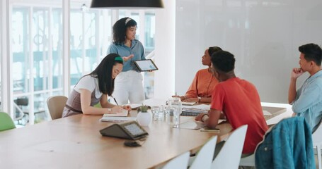 Poster - Presentation, tablet and planning with business people in meeting for review, agenda and branding idea. Marketing strategy, logo and coaching with employee in startup for vision, creative and data