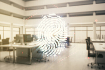 Aufkleber - Double exposure of virtual creative fingerprint hologram on a modern furnished office interior background, protection of personal information concept