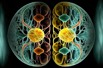 Wall Mural - Process of cell division with formation of two nuclei in yellow green color, created with generative ai