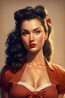 illustration of beautiful 1940s pinup model with black hair, made with generative ai