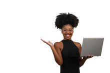 Woman With Laptop Looking At The Camera And Pointing To The Left Side Of The Image, Black Woman Advertising Concept