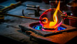 Glass blower forming beautiful piece of glass. A glass crafter is burning and blowing an art piece.