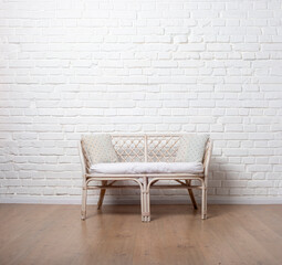 Rattan Living Room Loveseat on white brick wall background