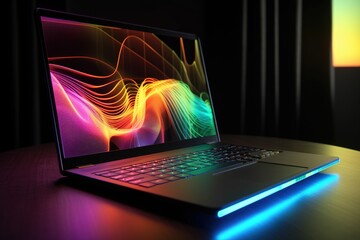 Poster - Open laptop standing on table. Display shows abstract colorful waves. Made with Generative AI.