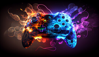 Modern white gamepad illuminated in red and blue. Game controller for video games and e-sports on a dark background.