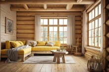 Yellow Beige Log Cabin Living Room. Carpet, Fabric Sofa, Windows. Frame Mockup, Farmhouse Interior,. Generative AI