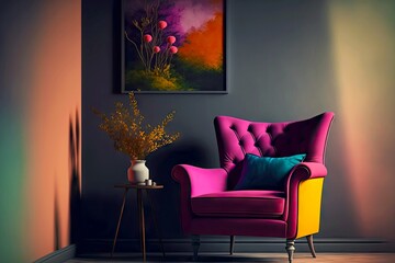 Canvas Print - Bright crimson armchair in contemporary home interior blue and painting on wall, created with generative ai