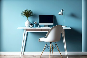 Canvas Print - Office design with computer desk and chair in home interior blue, created with generative ai