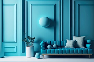 Canvas Print - Home interior blue with originally decorated walls and upholstered furniture, created with generative ai