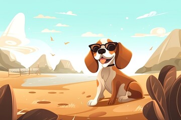 Cute Cartoon White Puppy Dog in Sunglasses Happy and Having Fun at the Beach: Generative AI