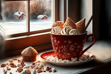 Canvas Print - hot chocolate red cup with marshmallow biscuits and whipped cream on windowsill, created with generative ai