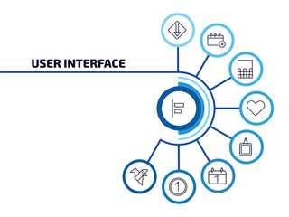 Poster - user interface infographic element with outline icons and 9 step or option. user interface icons such as object alignment, low, gradient, hearth, image with frame, first date, number, paper bird