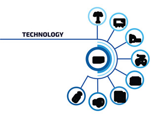 Poster - technology infographic element with outline icons and 9 step or option. technology icons such as circuit board, lamp post, straight air, sega gamepad, customs, international passport, natural