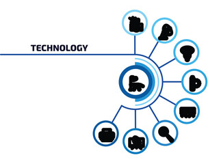 Poster - technology infographic element with outline icons and 9 step or option. technology icons such as operating table, photo camera flash, bulb, solar battery, air direction, search bug, tv and