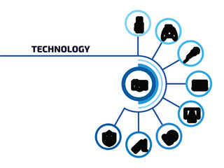 Poster - technology infographic element with outline icons and 9 step or option. technology icons such as camera front view, reflex photo camera, mic with long cable, laptop with a heart, computer screen