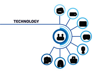 Poster - technology infographic element with outline icons and 9 step or option. technology icons such as wireless transmitter, cinema projector, spreadsheet, kitchen timer, vintage mic, hood, air cooler,