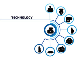 Poster - technology infographic element with outline icons and 9 step or option. technology icons such as cam with big len, science fiction, little camcorder, big walkie talkie, printing, telemarketing,