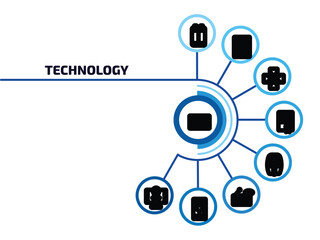 Poster - technology infographic element with outline icons and 9 step or option. technology icons such as caste tape, baterry, cinema light with cable, warranty certificate, fryer, radio and messages, heart