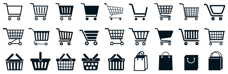 set shop cart, basket, bag icon, buy and sale symbol. full and empty shopping cart. shopping basket 