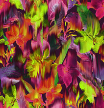 Seamless Pattern With Digital Blurred Tropical Flowers. Modern Trend Print For Fabric