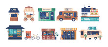Set Of Street Coffee Houses, Booth With Cozy Seating And Wooden Tables. Wheeled Trolley And Truck Offering Coffee, Tea