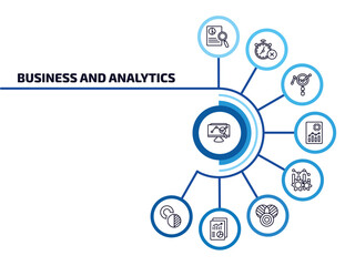 Poster - business and analytics infographic element with outline icons and 9 step or option. business and analytics icons such as stock market, investigate, market research, analytic visualization,