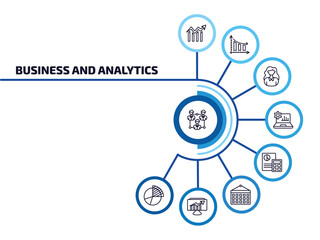Poster - business and analytics infographic element with outline icons and 9 step or option. business and analytics icons such as users interconnected, data analytics circular, businesswoman, laptop with