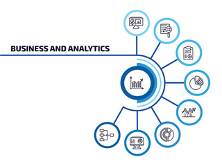 Poster - business and analytics infographic element with outline icons and 9 step or option. business and analytics icons such as increasing stocks, online payment, business plan, pie chart diagram, dot,