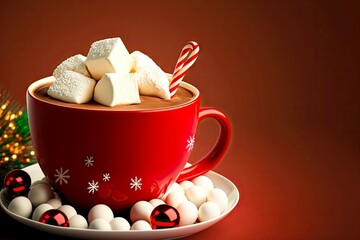 Canvas Print - Thick cocoa drink hot chocolate red cup with marshmallow biscuits and caramel on Christmas background, created with generative ai