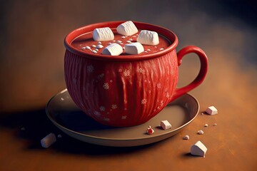 Canvas Print - Coziness and comfort at Christmas hot chocolate red cup with saucer and marshmallows, created with generative ai