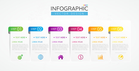 Business infographic design template with icons and 6 options or steps for presentations banner, workflow layout, process diagram, flow chart, info graph. Vector Infographics for business concept.