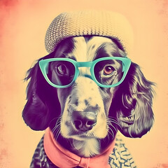 Wall Mural - 50s Vibes dog portrait wearing hipster glasses, Generative AI