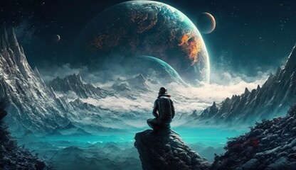 Wall Mural - under water a man on top of mountain looking at another new planet, generate ai
