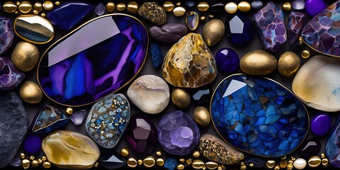 Wall Mural - Colorful precious gems closeup background. Jewelry luxury blue purple gemstones.