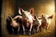 Family of domestic pigs in insulated stable at pig farm, created with generative ai