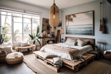 Wall Mural - A seaside bohemian bedroom with linen pendant lights, beach themed paintings, and a wooden side table with flowers and trinkets. Generative AI