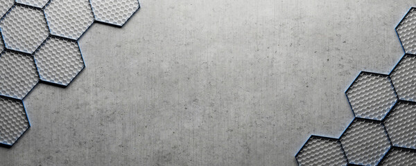 Background with hexagons on a concrete surface. Empty space for your design. Abstract background. Digital background. Technological. Neural network. Artificial intelligence. blockchain. 3d render.