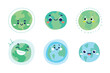 Cute Earth illustration Set. Hand-drawn vector doodle with different funny earth faces.