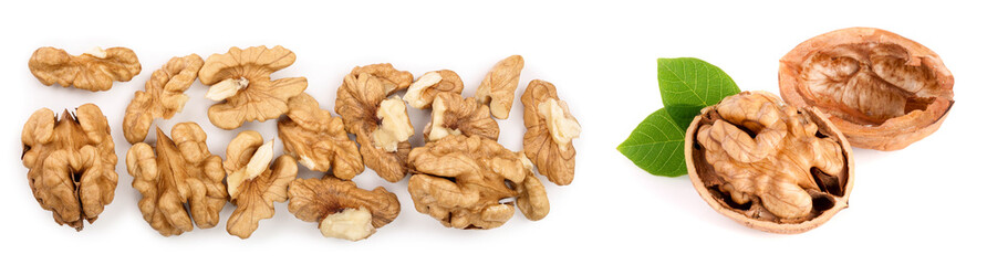 Wall Mural - peelled Walnuts isolated on white background with copy space for your text. Top view. Flat lay