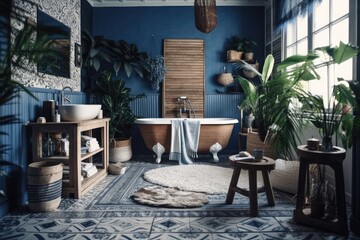 Poster - White and blue bohemian wooden bathroom and bedroom. Bathtub, bed, towel rack, potted plants. Tropical wallpaper. Rustic interior design,. Generative AI