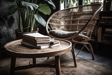 Poster - Boho chic. Open book on coffee table with rattan chair with indistinct backdrop. Eco friendly wicker furniture in pleasant living room. Generative AI